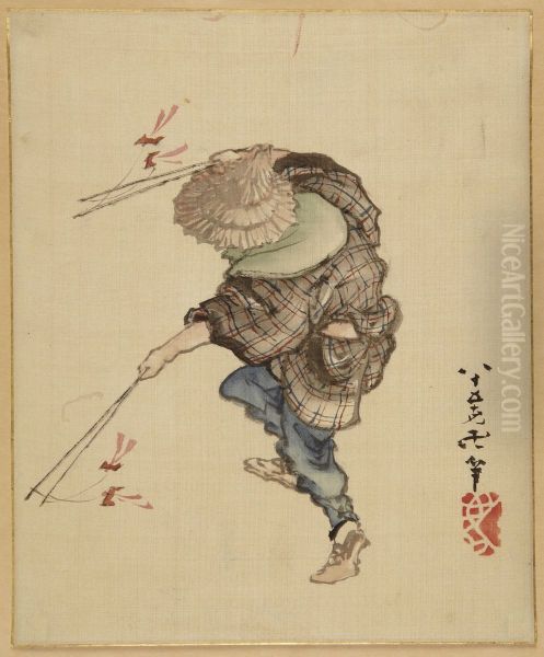 Prancing Figure with Paper Birds Oil Painting by Katsushika Hokusai