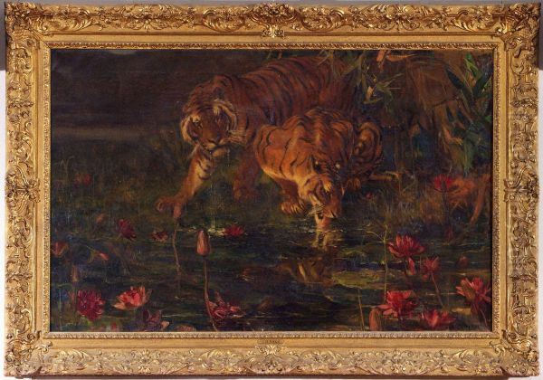 Tigers Drinking Oil Painting by John Macallan Swan