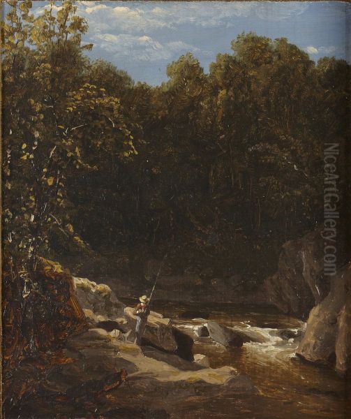 Fishing in a Mountain Stream Oil Painting by Sanford Robinson Gifford