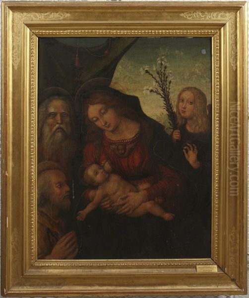 Holy Family with Gabriel and a Prophet Oil Painting by Liberale Da Verona