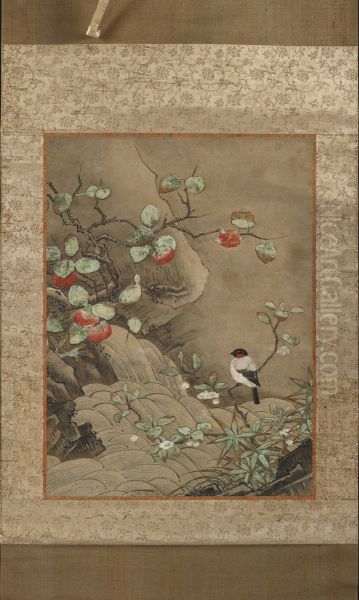 Bird, Flowers, and Fruit by a Waterfall Oil Painting by Kano Motonobu