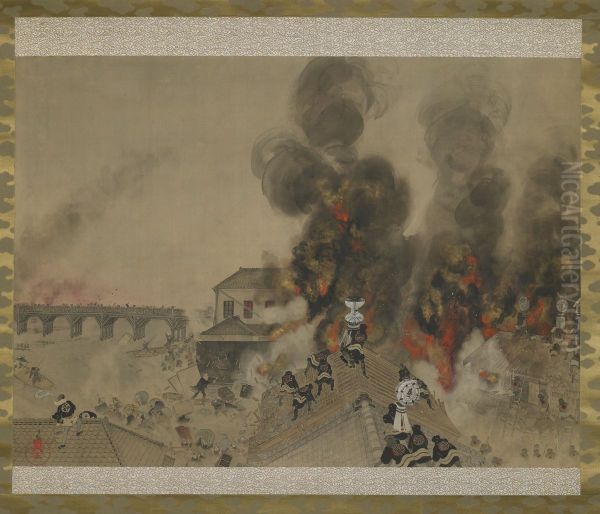 The Great Fire at Ryogoku Bridge Oil Painting by Kobayashi Kiyochika