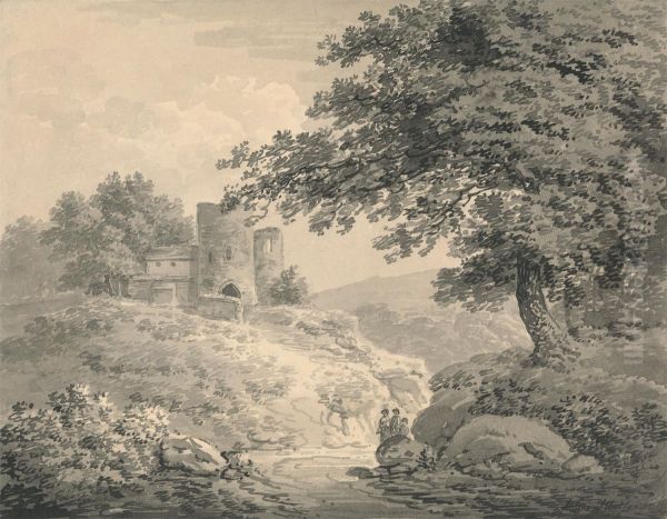 Landscape with a Ruined Tower Oil Painting by Julius Caesar Ibbetson