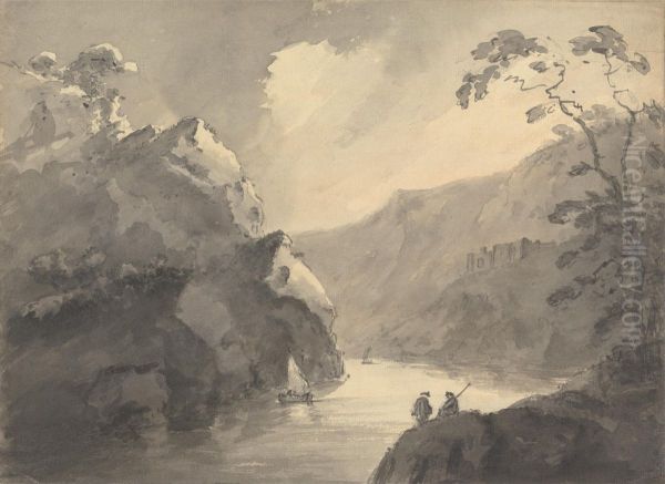 Mountainous landscape with winding river and castle Oil Painting by William Gilpin