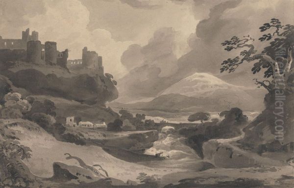 Mountain Landscape with Castle Ruins on a Cliff Oil Painting by John Varley