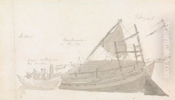 Fishing Boat with Small Craft Alongside Oil Painting by Thomas Daniell