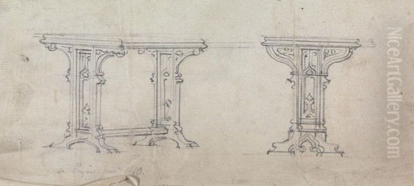 Two Views of a Gothic Table Oil Painting by Augustus Pugin