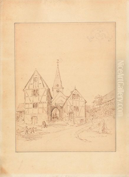 Sketch of a Small Gothic Church, with a Design for Gothic Ornamentation Oil Painting by Augustus Pugin