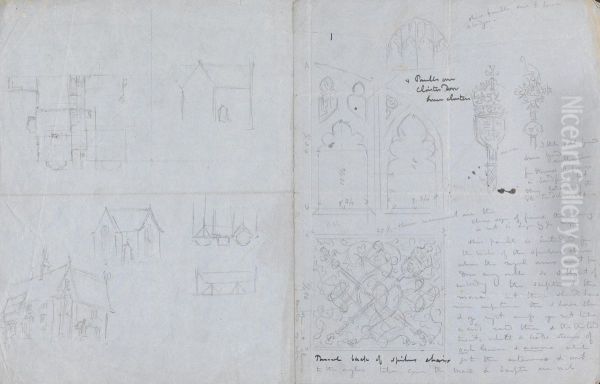 Sketches of Houses and a Floor Plan and Designs for the Speaker's Chair and Panels on the Cloister Door Oil Painting by Augustus Pugin