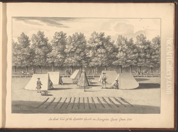 A Volume of ten drawings of Hampton Court taken by the life - An East View of the Quarter Guard on Hampton Court Green 1733 Oil Painting by Bernard Lens III