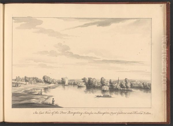 A volume of ten drawings of Hampton Court taken by the life - An East View of the Four Banqueting House in Hampton Court Gardens and Thames Ditton Oil Painting by Bernard Lens III