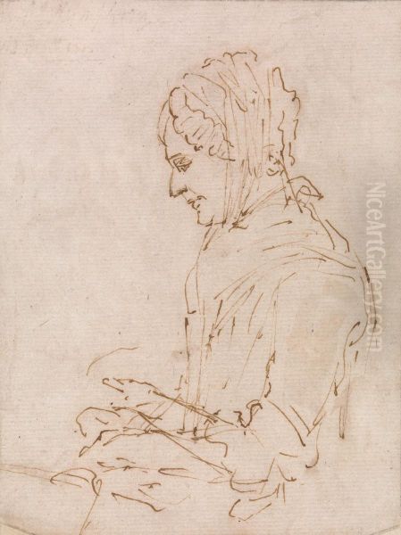 Study of the Artist's Mother Sewing Oil Painting by Ozias Humphry