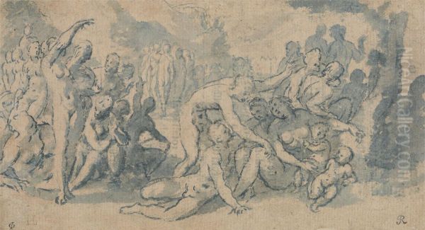 Classical Study with Numerous Nude Figures Oil Painting by Isaac Oliver