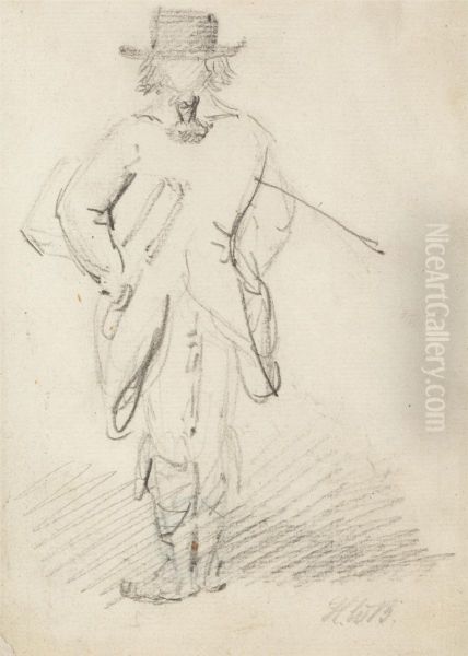 Back View of a Man Standing with a Large Book or Case under his Left Arm and a Stick under his Right Arm Oil Painting by Henry Bunbury