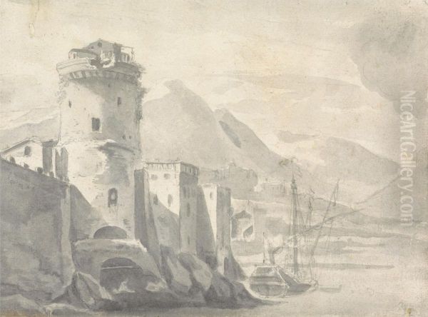 Fortified Buildings rising Steeply from a River Bank (in Italy ?) with Boat centre and distant Mountains Oil Painting by Thomas Wijck