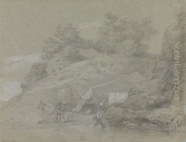 A River by a Rocky Bank with Figures, Possibly in India Oil Painting by Johann Zoffany