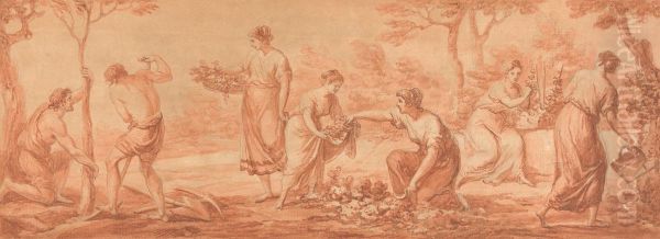 Men Planting Trees, Women Gathering Blossoms and Watering Flowers Oil Painting by Angelica Kauffmann