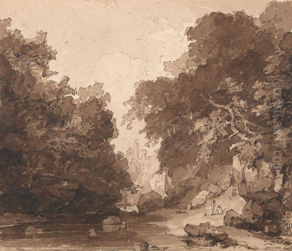 Roslyn Castle - a wooded river landscape Oil Painting by Thomas Peploe Wood