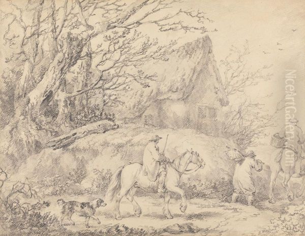 Landscape with Cottage and Figures on Horseback Oil Painting by George Morland