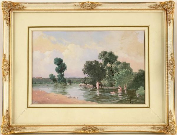 Uferlandschaft Mit Badenden Jungen Frauen Oil Painting by Edouard Louis Lucien Cabane