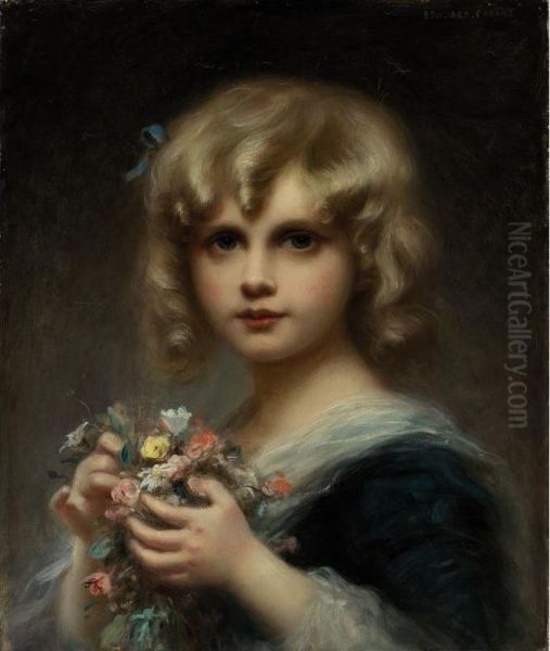 Girl With Flowers Oil Painting by Edouard Louis Lucien Cabane