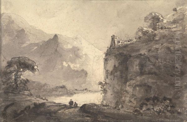 Rocky Landscape with Two Figures on a Path in the Center Oil Painting by William Gilpin