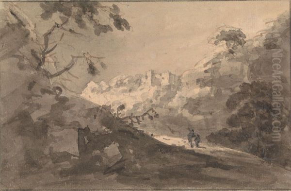 Two Figures on a Road with Castle in Center Distance Oil Painting by William Gilpin