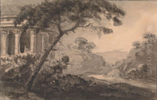 Landscape with Classical Building at Left Oil Painting by William Gilpin