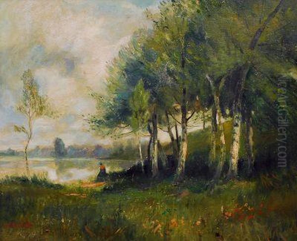 Waldlandschaft Mit Birken Am See Oil Painting by Nicolas Louis Cabat