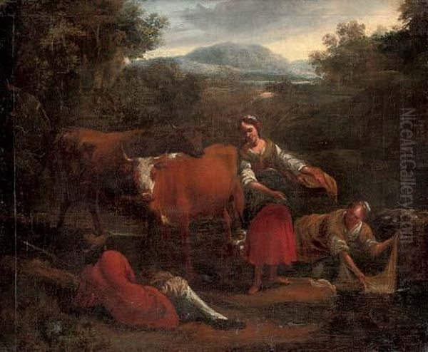 A River Landscape With Washerwomen Conversing With A Drover, His Cattle Beyond Oil Painting by Michiel Carree