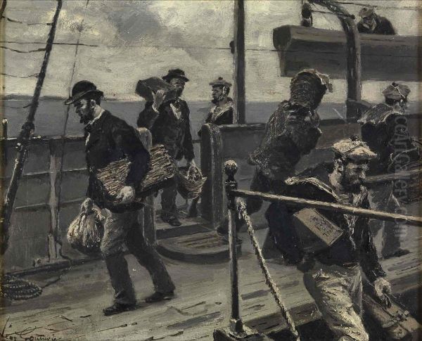 Arrivee des passagers sur le pont d'un navire Oil Painting by Leon Couturier