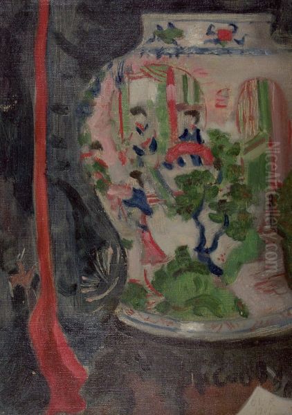 Still Life with Asian Vase and Red Ribbon Oil Painting by Denman Ross