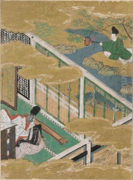 The Cressets (Kagaribi), Illustration to Chapter 27 of the Tale of Genji (Genji monogatari) Oil Painting by Tosa Mitsunobu