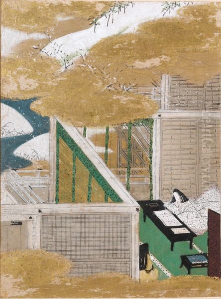 Writing Practice (Tenarai), Illustration to Chapter 53 of the Tale of Genji (Genji monogatari) Oil Painting by Tosa Mitsunobu