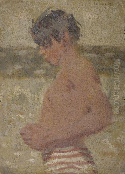 Beach Scene with Boy in Striped Shorts Oil Painting by Denman Ross