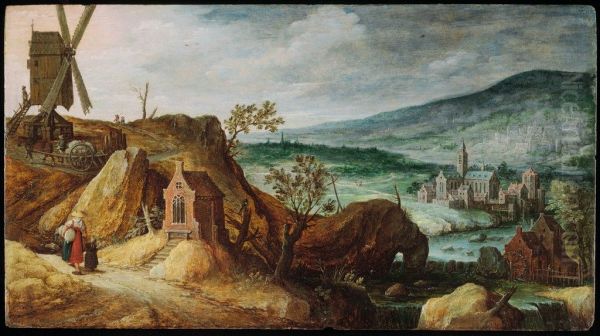 Landscape with Windmill and Wayside Chapel Oil Painting by Marten Ryckaert