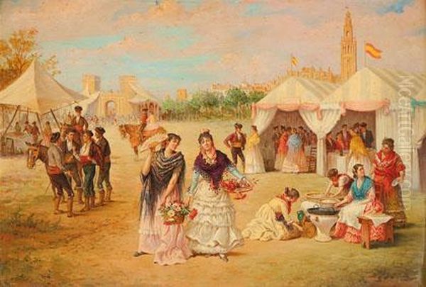 Feria De Sevilla Oil Painting by Manuel Cabral Aguado Y Bejarano