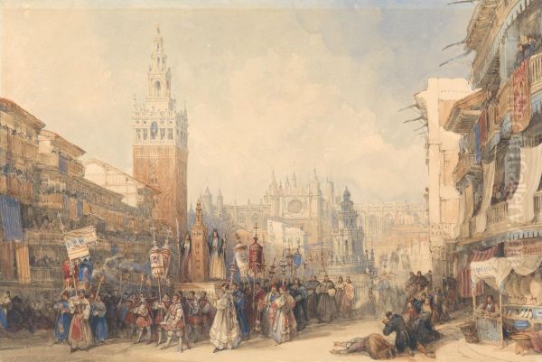 Plaza Real and Procession Oil Painting by David Roberts