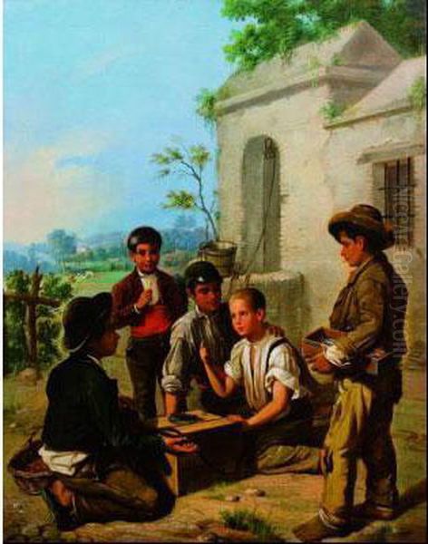 Los Golfillos Y El Mozo Cerillero Oil Painting by Manuel Cabral Aguado Y Bejarano