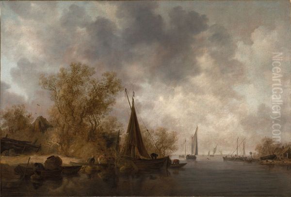 River Landscape with Fishing Boats Oil Painting by Jan van Goyen