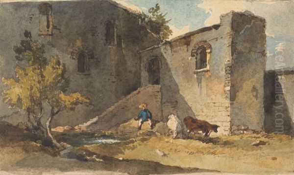 Figure with Cattle Standing in the Shadow of a Building Oil Painting by George Chinnery