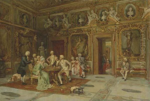 A Game Of Chess In The Bernini Room, Villa Borghese, Roma Oil Painting by Enrique Cabral Y Llano