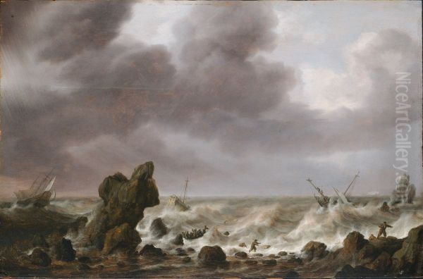 Ships in Distress on a Rocky Coast Oil Painting by Simon De Vlieger