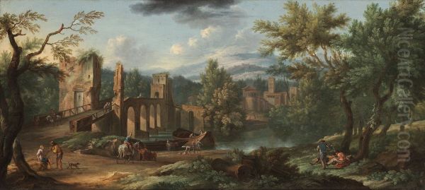 Fantasy View of the Ponte Molle, Rome and the Abbey of Saint Nilus at Grottaferrata Oil Painting by Jacob De Heusch