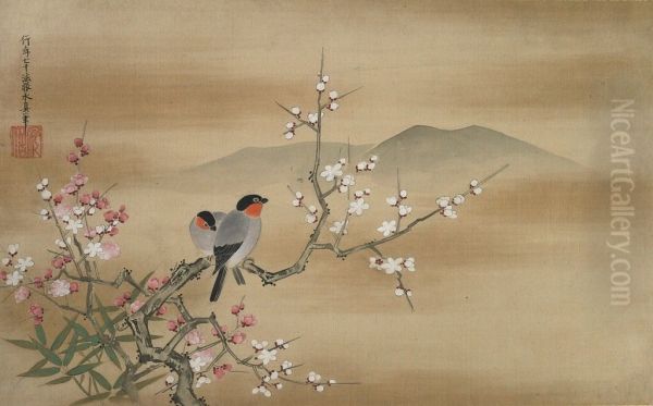 Java Sparrows on White and Pink Plum Oil Painting by Kano Yasunobu