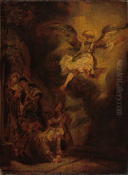 The Angel Leaving Tobias and His Family, after Rembrandt Oil Painting by Richard Parkes Bonington