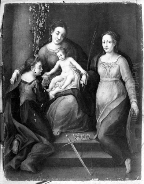 The Virgin and Child with Saints Mary Magdalene and Catherine of Alexandria Oil Painting by Pomponio Allegri