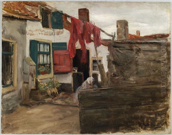 Dutch Village Scene with Hanging Laundry Oil Painting by Max Liebermann