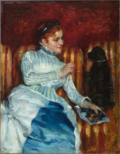 Woman on a Striped Sofa with a Dog Oil Painting by Mary Cassatt