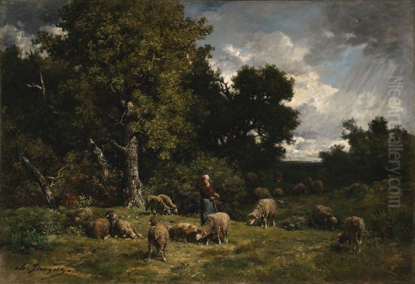 Shepherdess and Sheep Oil Painting by Charles Jacque